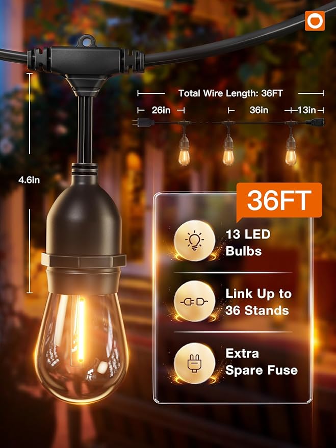 addlon LED Outdoor String Lights 36FT with Dimmable Edison Vintage Shatterproof Bulbs and Commercial Grade Weatherproof Strand - ETL Listed Heavy-Duty Decorative Lights for Patio Garden-VerdiqueGarden