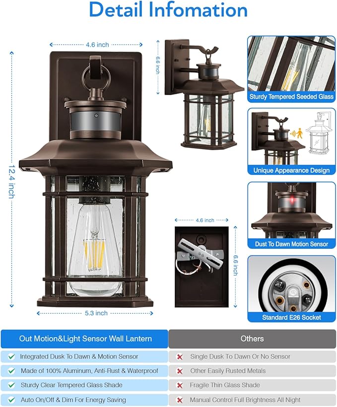 VIANIS Motion Lights for Outside, 2 Pack Dusk to Dawn Exterior Lighting Fixtures, Bronze Front Porch Light Lantern, Waterproof Outside Lights for House, Porch, Entryway, Oil Rubbed Bronze, Anti-Rust-VerdiqueGarden