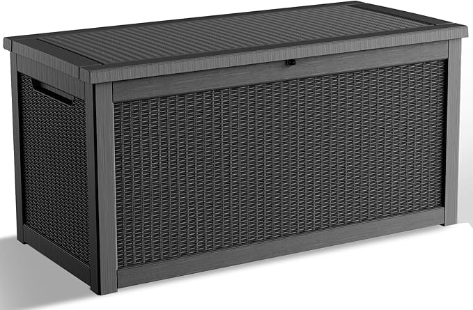 DRATO 260 Gallon Deck Box, Outdoor Large Waterproof Resin Storage Box with Lockable Lid for Patio Cushions, Gardening Tools, Sports Equipment, Black-VerdiqueGarden