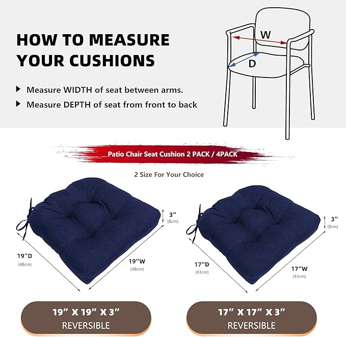 RACE LEAF Outdoor Seat Cushions Set of 2, 19" x 19" Square Patio Cushions, Plump Filling Tufted Water-Resistant Olefin Chair Seat Cushion with Ties for Non-Slip Support, Navy-VerdiqueGarden