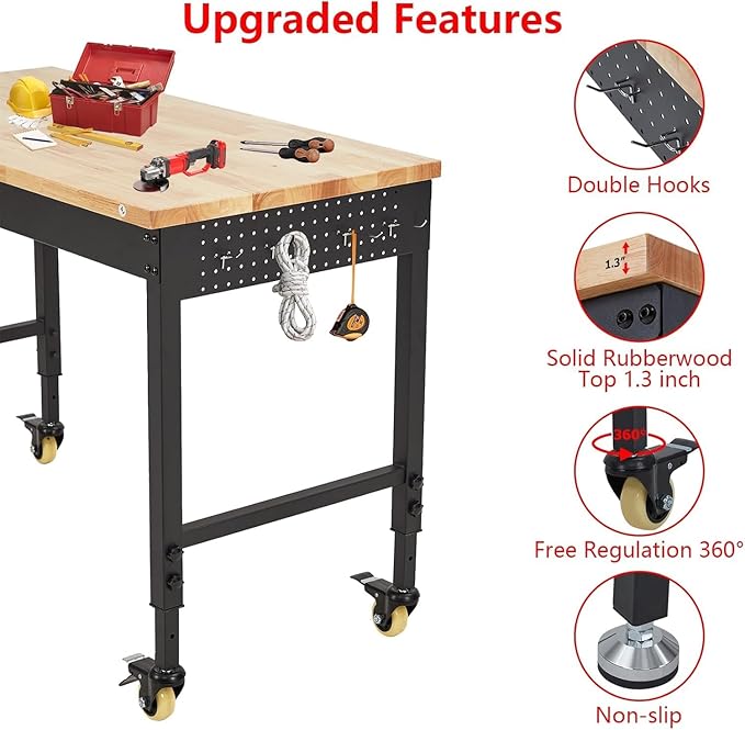 48'' Adjustable Workbench on Wheels, 2000LBS Heavy Duty Worktable with Power Outlets & Drawers & Pegboard, Rubberwood Workstation for Workshop, Garage, Office, Home-VerdiqueGarden