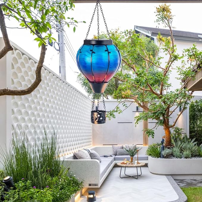 Starsoul Blue Hot Air Balloon Solar Lantern Glass Solar Hot Air Balloon Flickering Flame Hanging Garden Light Waterproof Solar Lamp Hot Air Balloon Garden Yard Farmhouse Decor-VerdiqueGarden