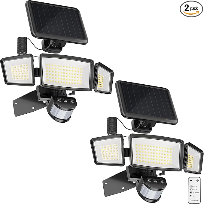 Ensenior 1800LM Solar Flood Lights Outdoor, Motion Sensor Outdoor Light 6500K, IP65 Waterproof, Separate Solar Panel, Solar Security Light with 5 Sensor Modes and 3 Adjustable Head for Yard (Black)-VerdiqueGarden