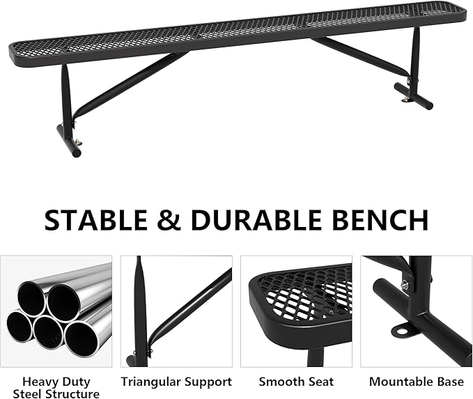 96" L Outdoor Metal Benches, Heavy Duty Garden Park Bench for Outside, Porch Chair Sports Backless Commercial Benches Mesh Bench for Shopping Mall, Store, Lawn, Park, Patio, Deck, Garden-VerdiqueGarden