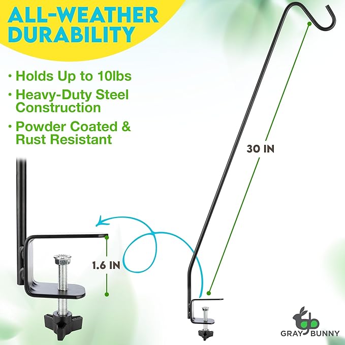 Gray Bunny Deck Hook 2 Pack, 30 Inch Bird Feeder Pole, with Non-Slip Clamp Deck Bird Feeder Hanger for Railing for Feeders, Planters, Suet Baskets, Lanterns, Wind Chimes and More-VerdiqueGarden