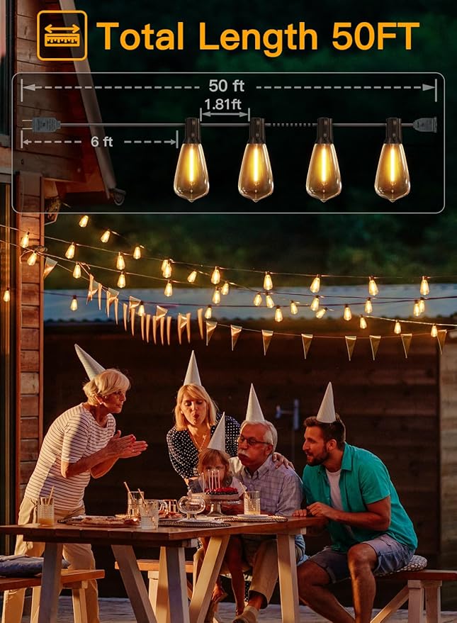 Ollny 50FT Outdoor String Lights, Shatterproof Connectable Patio Lights with 25+2 Spare ST38 Vintage Bulbs, 2200K Warm White Waterproof Outside Hanging Light for Camping Yard Gazebo Porch Balcony-VerdiqueGarden