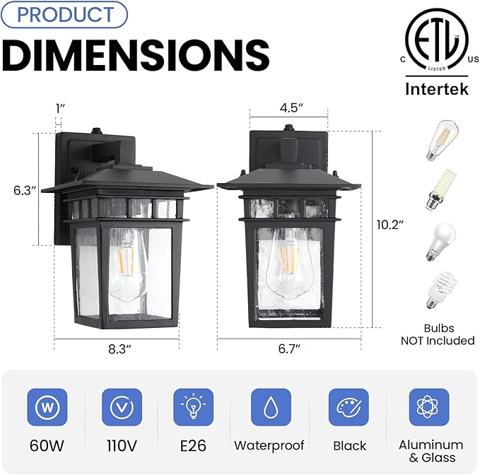Outdoor Wall Lantern, Exterior Lighting Fixtures Wall Mount, 2 Pack Black Outdoor Sconce with Seeded Glass, Dusk to Dawn Exterior Porch/Patio Lights for House Front Door Garage-VerdiqueGarden