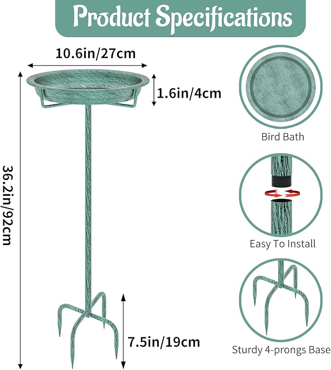 Metal Bird Bath for Outside, 36.2" Height Birdbath Bowl Standing Bird Feeders for Outdoors with 4 Prongs Base Stake, Freestanding Birdfeeders for Garden Yard Lawn Decor (Retro Green)-VerdiqueGarden