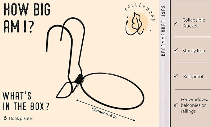 6 Pieces, 6 inches Iron Hanging Flower Pot. Metal Plant Wall Hanger, Vertical Garden. Planter Hook Ring, Rail Metal Fence. Indoor and Outdoor. Yard Garden. Wire Trellis. Collapsible Bracket. (Black)-VerdiqueGarden