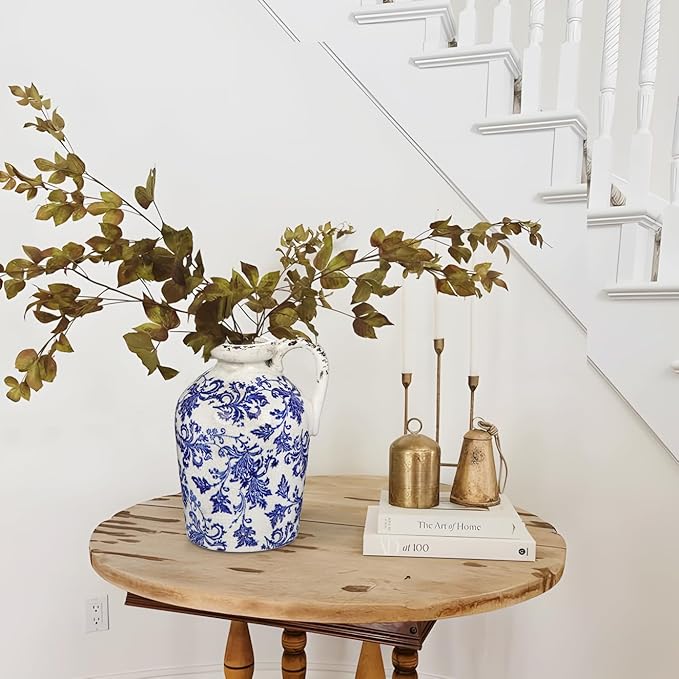 Ceramic Rustic Farmhouse Vase, 9 inch Ceramic Blue and White Vase for Centerpieces Pampas Grass Pottery Jug with Handle Boho Chinoiserie Decor Vintage Vases for Living Room Kitchen Dinner Table Shelf-VerdiqueGarden