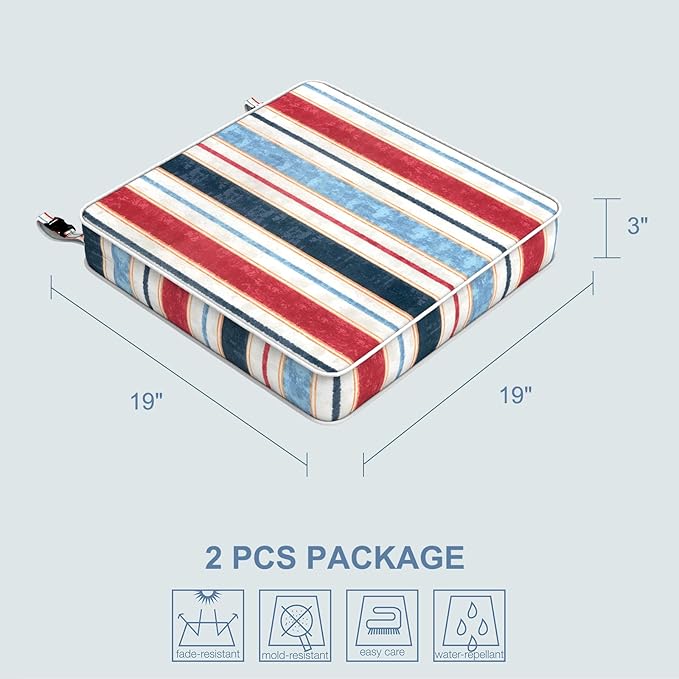 LVTXIII Patio Chair Cushions 19"x19"x3", Water-Repellent Outdoor Seat Cushions for Patio Furniture, Square Chair Pads with Ties for Home Garden Decoration, Set of 2, Stripe Red Blue-VerdiqueGarden