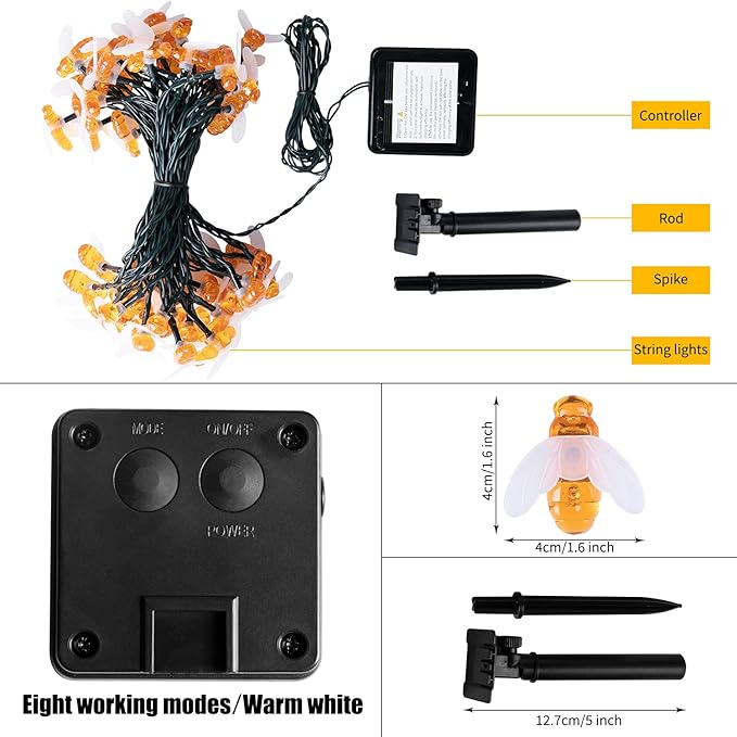 Solar Bee String Lights Outdoor 31FT 50 LED Honeybee Fairy Lights with 8 Lighting Modes, Waterproof Solar Bumble Bee for Patio Yard Garden Grass Wedding Christmas Party Decor, Warm White-VerdiqueGarden