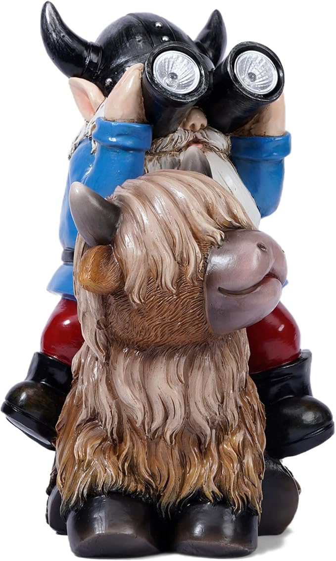 Garden Gnome Statues Resin Gnome Sitting on Highland Cow Solar Lights Outdoor Telescope Gnome Gifts for Yard, Patio Decor Gift(Cow Gnome)-VerdiqueGarden