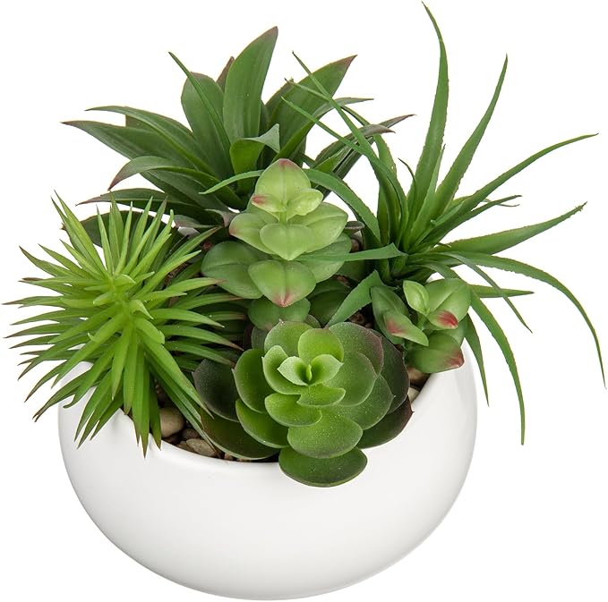 Fake Plants Artificial Succulents in Pots Faux Succulent Arrangement Potted Plant in White Ceramic Planter Bowl for Home Decor Office Desk Bathroom Shelf Living Room Indoor Decorations-VerdiqueGarden