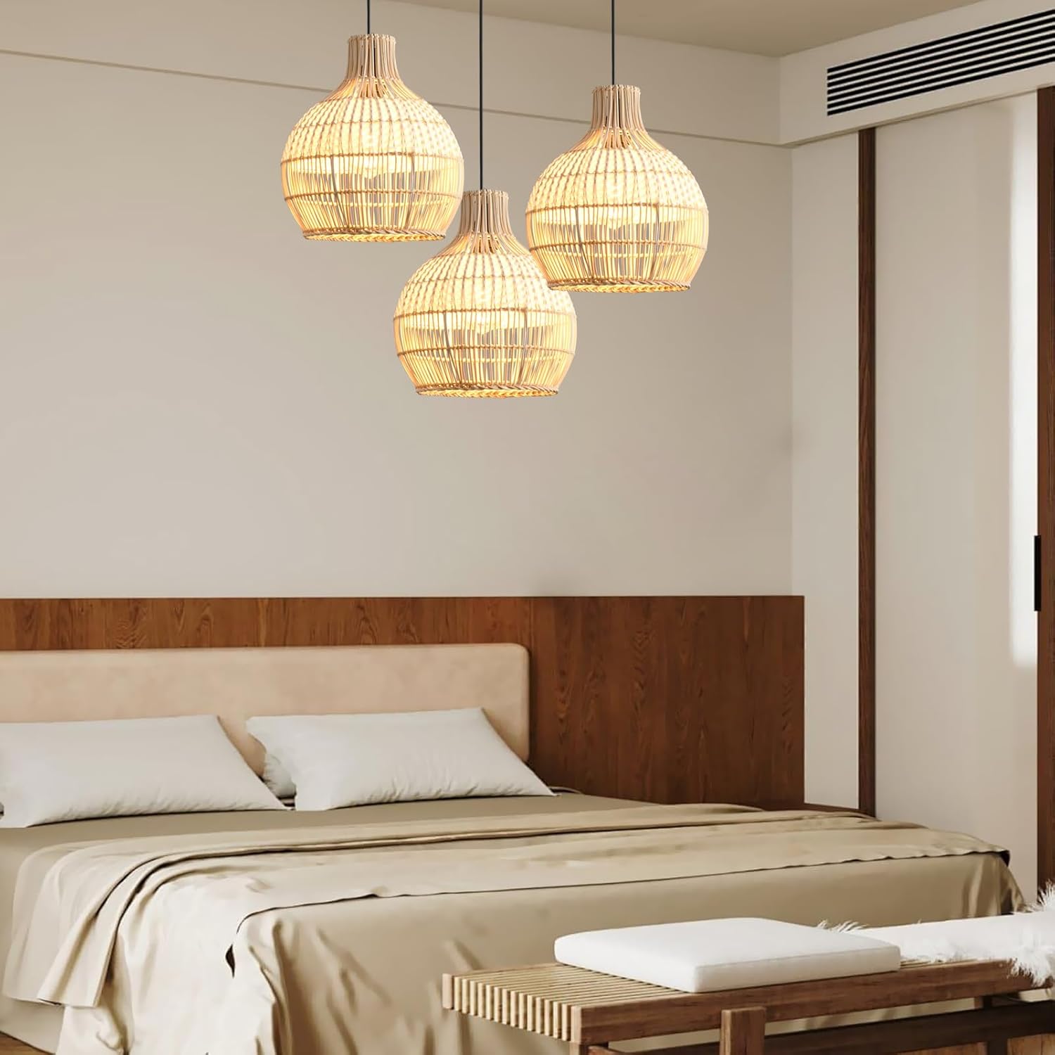 3-Pack Fax Rattan Pendant Light Fixture Mini Hand-Woven White Rattan Chandelier 10.24" Boho Wicker Hanging Lamp for Dining Living Bedroom Kitchen Farmhouse-VerdiqueGarden