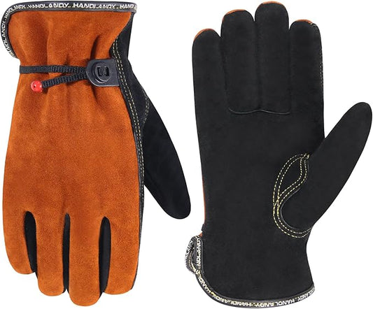 HLDD HANDLANDY Leather Work Gloves for Men & Women, Adjustable Wrist Cowhide Gardening Glove with Reinforced Palm for Driver-VerdiqueGarden