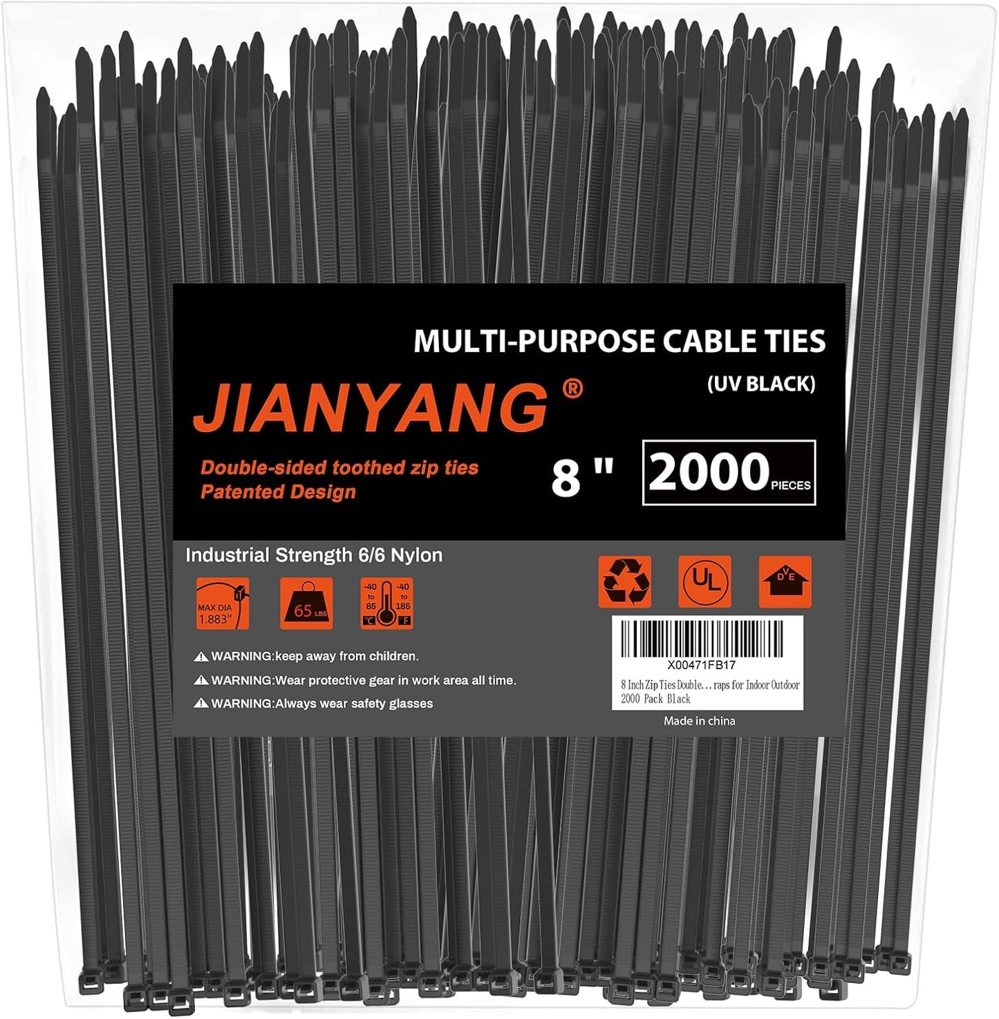 8 Inch Zip Ties Double Sided Toothed (Bulk 2X1000 Pack Black),65lbs Tensile Strength Heavy Duty Cable Wire Ties with Self-Locking Adjustable Nylon Tie Wraps for Indoor Outdoor (Patented Design)-VerdiqueGarden