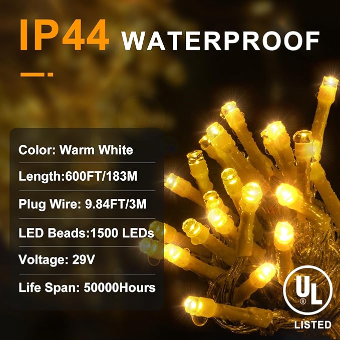 KNONEW 600ft 1500 LED Christmas String Lights Outdoor 8 Lighting Modes & Timer Dimmable Fairy Light Plug in Waterproof for Xmas Roof Yard Tree Wedding Party Holiday Decorations (Warm White)-VerdiqueGarden