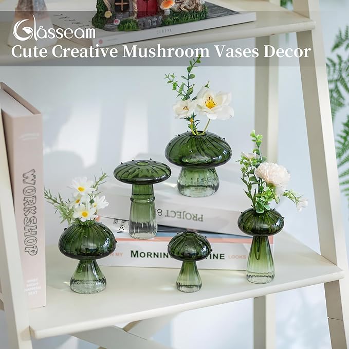 Glasseam Mushroom Plant Propagation Stations: Green Glass Terrarium Jar Set of 10 Cute Planters for Indoor Plants Mini Propagate Station Unique Christmas Birthday Gifts for Women Home Office Decor-VerdiqueGarden
