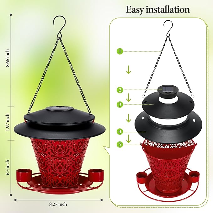 Solar Bird Feeders for Outside Hanging Metal Wild Bird Feeder Solar Lanterns Outdoor Waterproof Garden Decor for Yard red-VerdiqueGarden