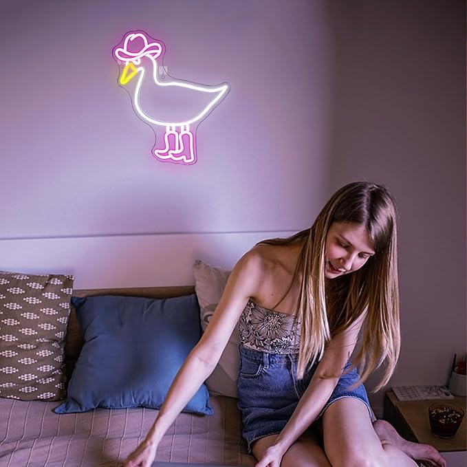 Cowboy Duck Neon Sign,Duck Neon Signs Cowgirl Boots Neon Signs for Wall Decor, USB Connectivity Pink LED Signs for Bedroom Living Room Kids Room Home Bar Birthday Party-VerdiqueGarden