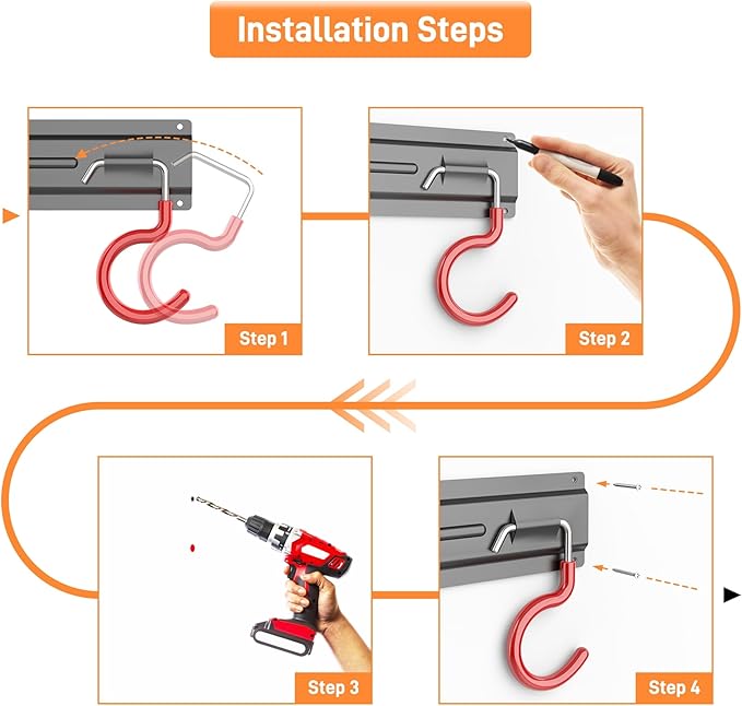 TORACK Metal Wall-Mounted Garden Tool Organizer for Garage, Mop and Broom Holder, Yard Tool Storage Rack for Rakes, Shovels, Mops, Brooms (4 Rails, 16 Hooks)-VerdiqueGarden