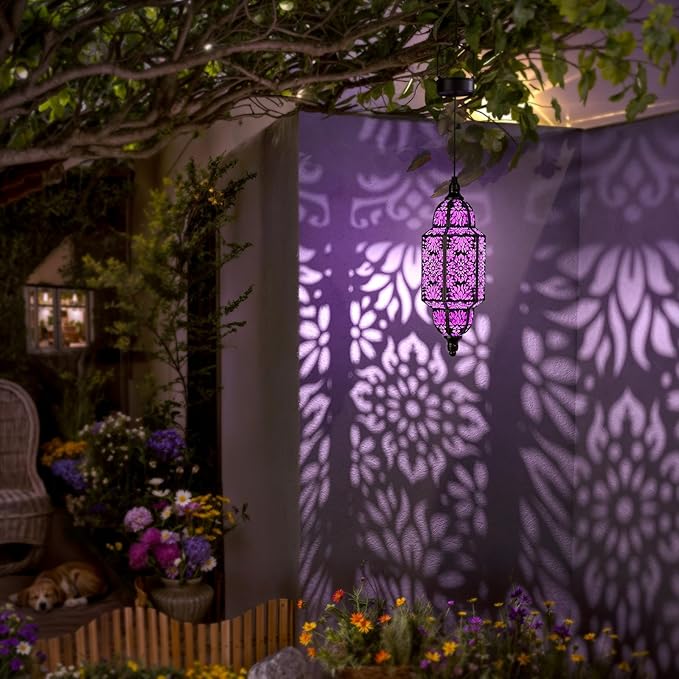 Twinkya 2 Pack Hanging Solar Lights Outdoor Garden Decorative Solar Lantern Waterproof Metal Moroccan Outdoor Decorations for Patio Pathway Yard Porch Backyard Garden Decor (Purple, 2 Pack)-VerdiqueGarden