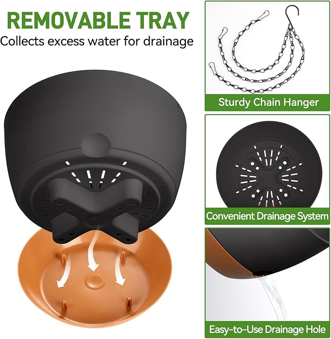 10 Inch Hanging Planters for Indoor & Outdoor Use (2 Pack) - Self-Watering & Drainage Flower Pots with Chain & Macrame Hangers (Deep Gray, 10 in)-VerdiqueGarden