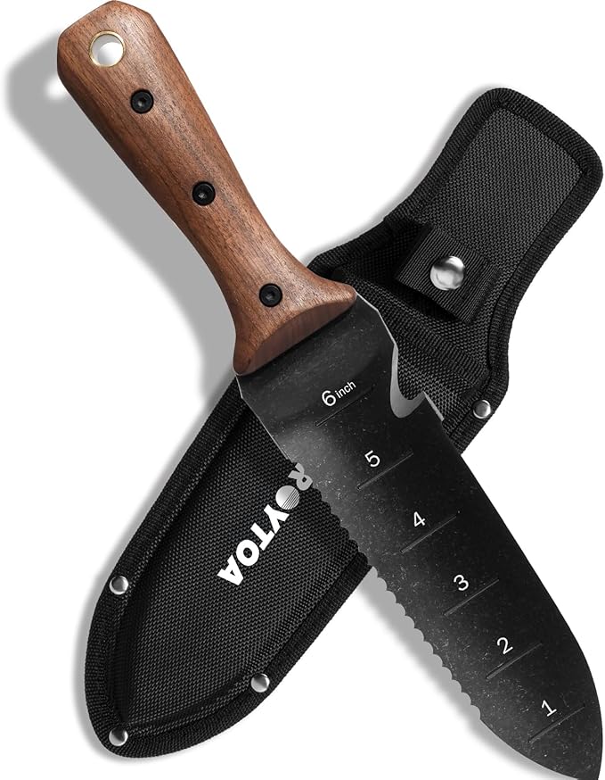 Hori Hori Garden Knife, Garden Tools with Sheath for Weeding,Planting,Digging, 7" Stainless Steel Blade with Cutting Edge, Full-Tang walnut Wood Handle with Hanging Hole-VerdiqueGarden