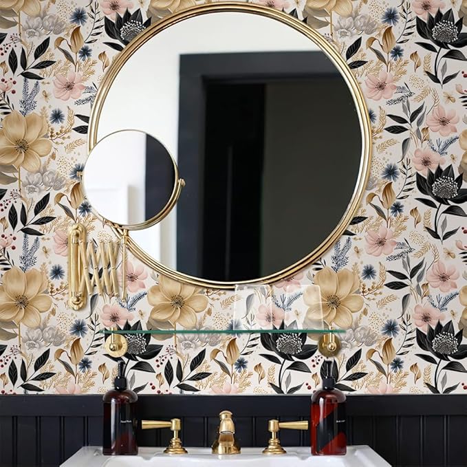 White/Pink/Gold Floral Garden Black Blue Flowers Vintage Peel and Stick Wallpaper Self Adhesive Removable Easy Peel Off Contact Paper Stick on Wall Paper for Bedroom Cabinet Renter Friendly-VerdiqueGarden