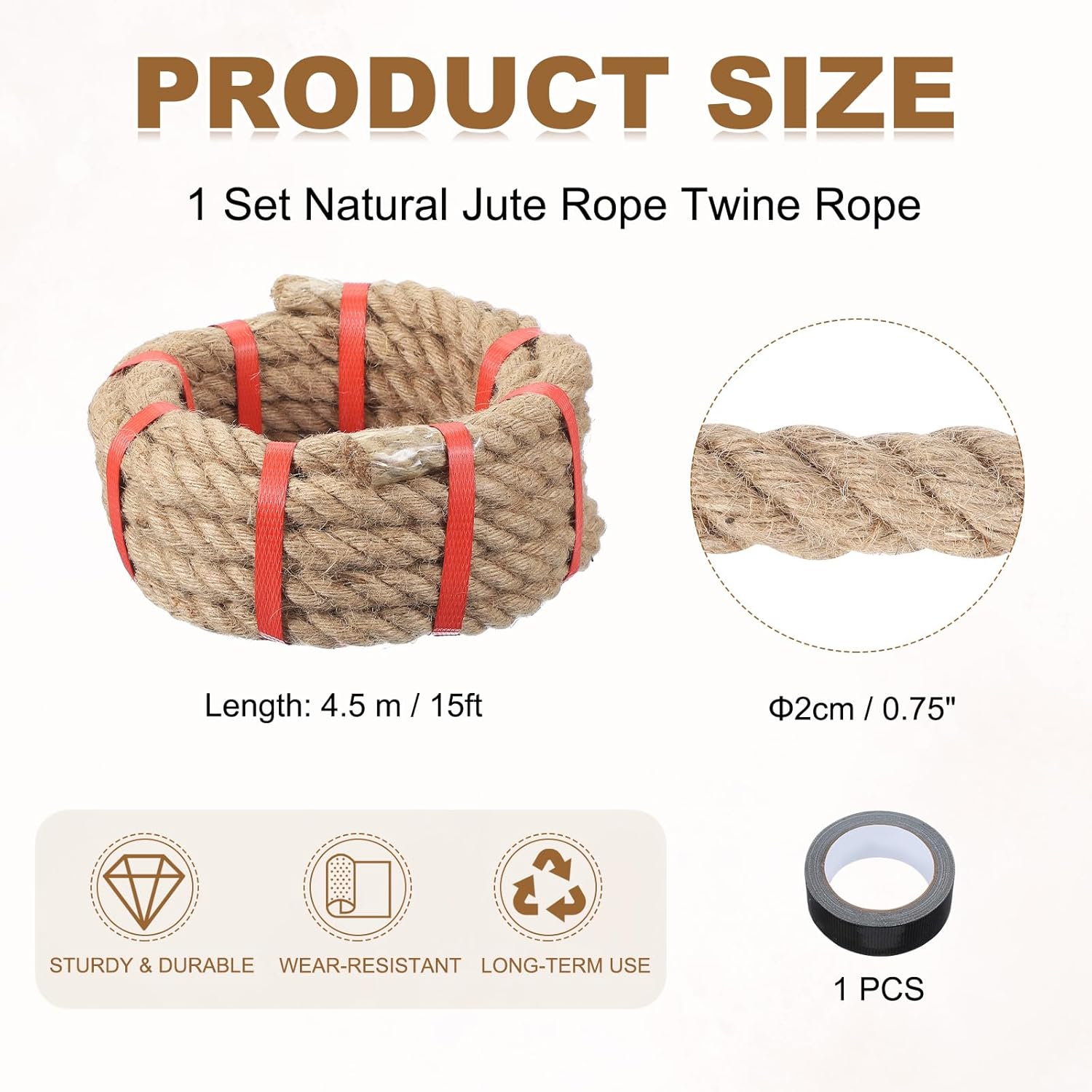 MECCANIXITY Jute Rope 15ft x 0.75 Inch, Thick Twine Rope Ropes Braided Jute Twine Natural Brown Burlap Cord String Heavy Twisted with Tape for Decorative Crafts Railing Swing Tug of War-VerdiqueGarden