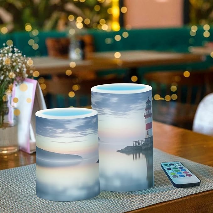 Lighthouse Flameless Candles with Remote Control and Timer, Adjustable Brightness Long Lasting Battery Operated LED Pillar Candles for Indoor Outdoor Party Home Decor, 2 Pack-VerdiqueGarden