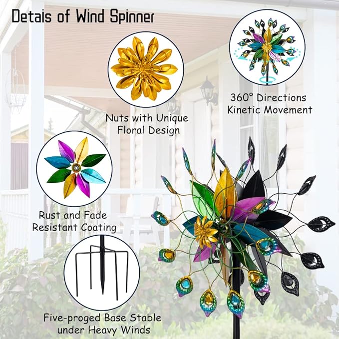 DREAMYSOUL Outdoor 360 Degree Wind Spinner, Metal Wind Spinners for Yard and Garden Large Wind Sculpture Garden Decor (66 * 16 Inches)-VerdiqueGarden