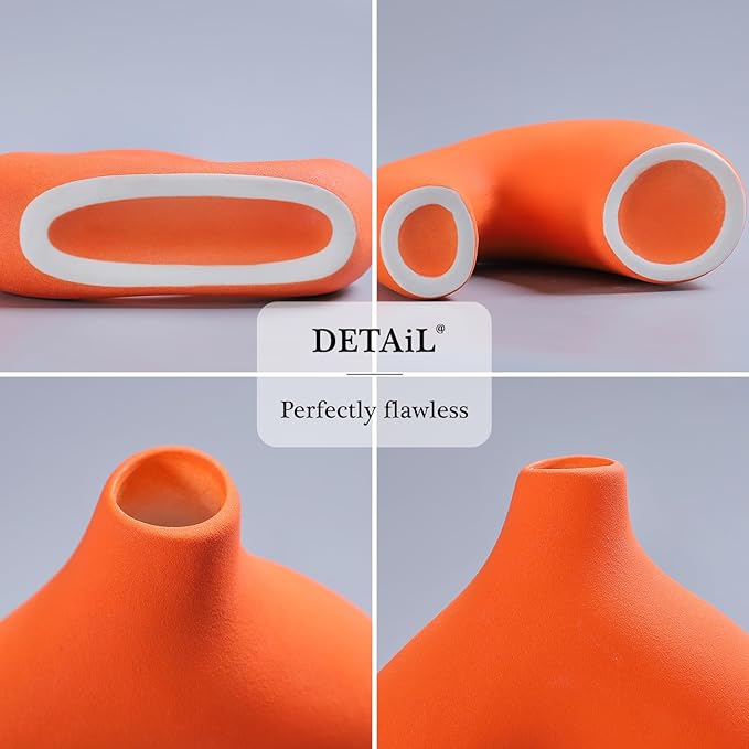 CEMABT Orange Ceramic Vase Set of 2 for Modern Minimalist Bohemian Decor，Round Matte Donut Vases for Pampas Grass-Perfect for Living Room, Dining Table, Office Bedroom Shelf Decor Entryway, Console-VerdiqueGarden