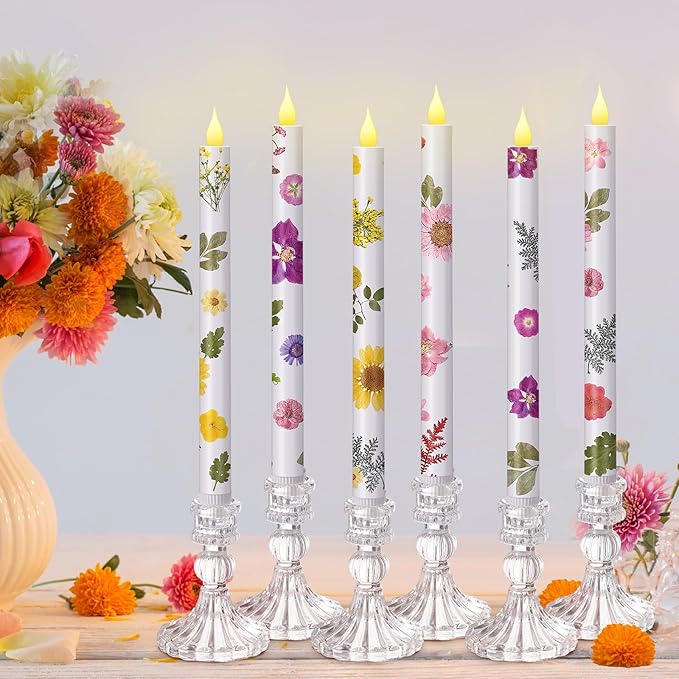 Nuanchu 6 Pcs Floral Taper Candles 10.6 Inch Pastel Flameless Candle Battery Operated Dried Flower Candlestick LED Pressed Floral Candlestick for Summer Home Wedding Dining Garden Party Decoration-VerdiqueGarden