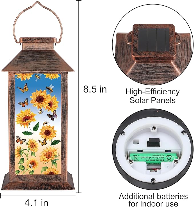 Solar Lantern Outdoor Waterproof Sunflower Butterfly Garden Decor Birthday Gifts for Women Mom and Grandma Solar LED Plastic Decorative Hanging Light for Yard(Sunflower Butterfly)-VerdiqueGarden