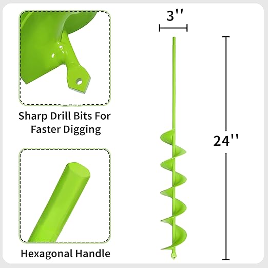 TCBWFY 3x24 Inch Auger Drill Bit for Planting,Easy Planter Garden Auger for Bulbs, Bedding Plants & Post Holes - Compatible with 3/8" Hex Drive-VerdiqueGarden