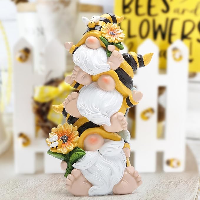 Hodao Summer Bee Gnome Decorations Indoor Home Table Decor Cute Stacked Bee Gnome Figurines Gifts -Swedish Dwarf Elf Figurines Summer Garden Honey Bees Gnomes Decorations (Bee1)-VerdiqueGarden