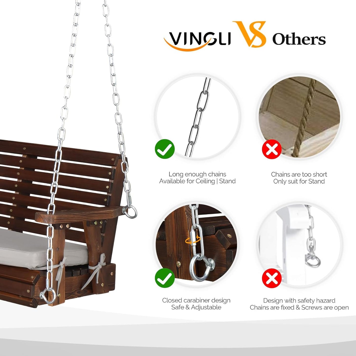 VINGLI Heavy Duty 880 LBS Patio Wooden Porch Swing Outdoor with Extra Cushion, Farmhouse Hanging Bench Tree Swing with Adjustable Chains for Yard | Garden | Lawn | Balcony (5 FT, Rustic)-VerdiqueGarden