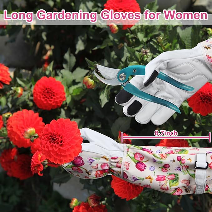 DLY Gardening Gloves for Women, Rose Gloves Gardening Thorn Proof, Long Garden Gloves for Women, Breathable Cowhide Leather Gauntlet(Large,White)-VerdiqueGarden