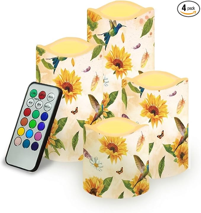 Ystardream Sunflower Hummingbird Flameless Candles with Timer Led Candles Flickering 4 Candle Sets for Home Decor,18 Key Remote Control，Dancing Flame, True Wax, Battery Powered.-VerdiqueGarden