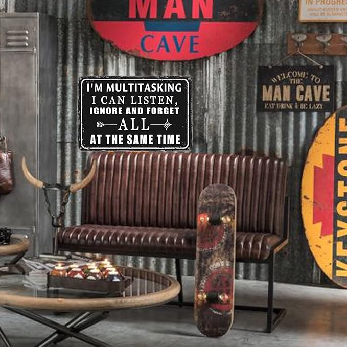 Funny Metal Tin Signs Vintage Garage Wall Decor For Men Work Office Desk Accessories I'M Multitasking I Can Listen Ignore And Forget All At The Same Time Sign Warning Signs Man Cave Decor Gifts For-VerdiqueGarden