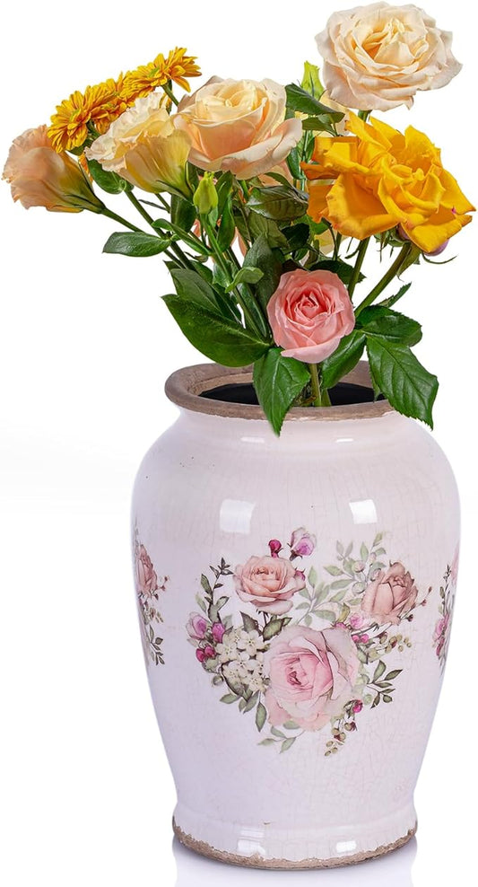 Vintage Vase for Flowers,Pink Chinoiserie Ceramic Vase,Rustic Farmhouse Cracked Vases,for Flower Arrangement,Living Room, Office, Shelf, Fireplace Tables,Centerpieces,Chinoiserie Pottery Decor(A)-VerdiqueGarden