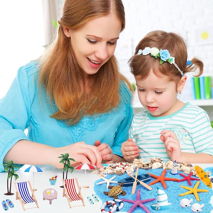 31 Pcs Beach Microlandscape Miniature Dollhouse Decoration, Maritime Decoration with Mini Beach Umbrella Mini Chair Miniature Coconut Tree Beach Decor for DIY Garden Plant Pool-VerdiqueGarden