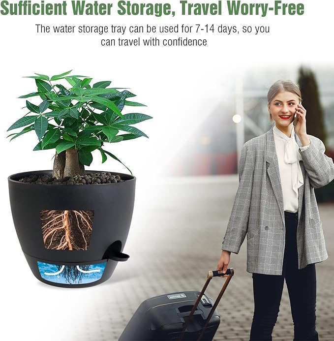 12 inch Large Self Watering Pots, Plastic Planters with 60oZ Removable Deep Reservoir and Multi Mesh Drainage Holes for Indoor Outdoor Garden Plants and Flowers, Black-VerdiqueGarden