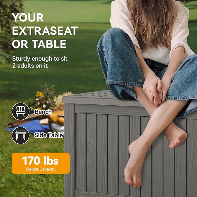 NUNU LAB 150 Gallon Outdoor Storage Box,Resin Large Sturdy Deck Box, Backyard Outside Storage Box Waterproof with Double Wall Panels,Package Delivery,Garden Outdoor Hose Bin-VerdiqueGarden