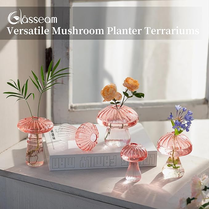 Glasseam Mushroom Plant Propagation Stations: Pink Glass Terrarium Jar Set of 10 Cute Planters for Indoor Plants Mini Propagate Station Unique Christmas Birthday Gifts for Women Home Office Decor-VerdiqueGarden