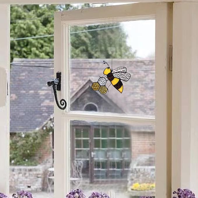 Bee On Honeycomb Stained Glass Window Hangings, Bee Suncatcher Garden Bee Decor Bee Gift for Mom Women-VerdiqueGarden