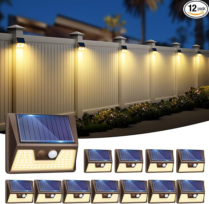 12 Pack Solar Motion Lights for Outside, Waterproof Fence Lights Outdoor, Warm White LED Wall Lights Wireless for Yard Steps Stairs Garden - Brown-VerdiqueGarden
