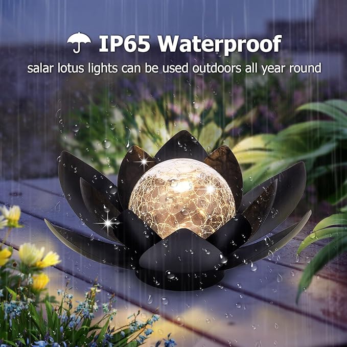 Huaxu Solar Lights Outdoor Garden Decor Metal Black Lotus Decoration, Crackle Globe Glass Waterproof LED Outside Table Lamp for Patio,Lawn, Yard,Walkway,Tabletop,Ground Gifts for Mom-VerdiqueGarden